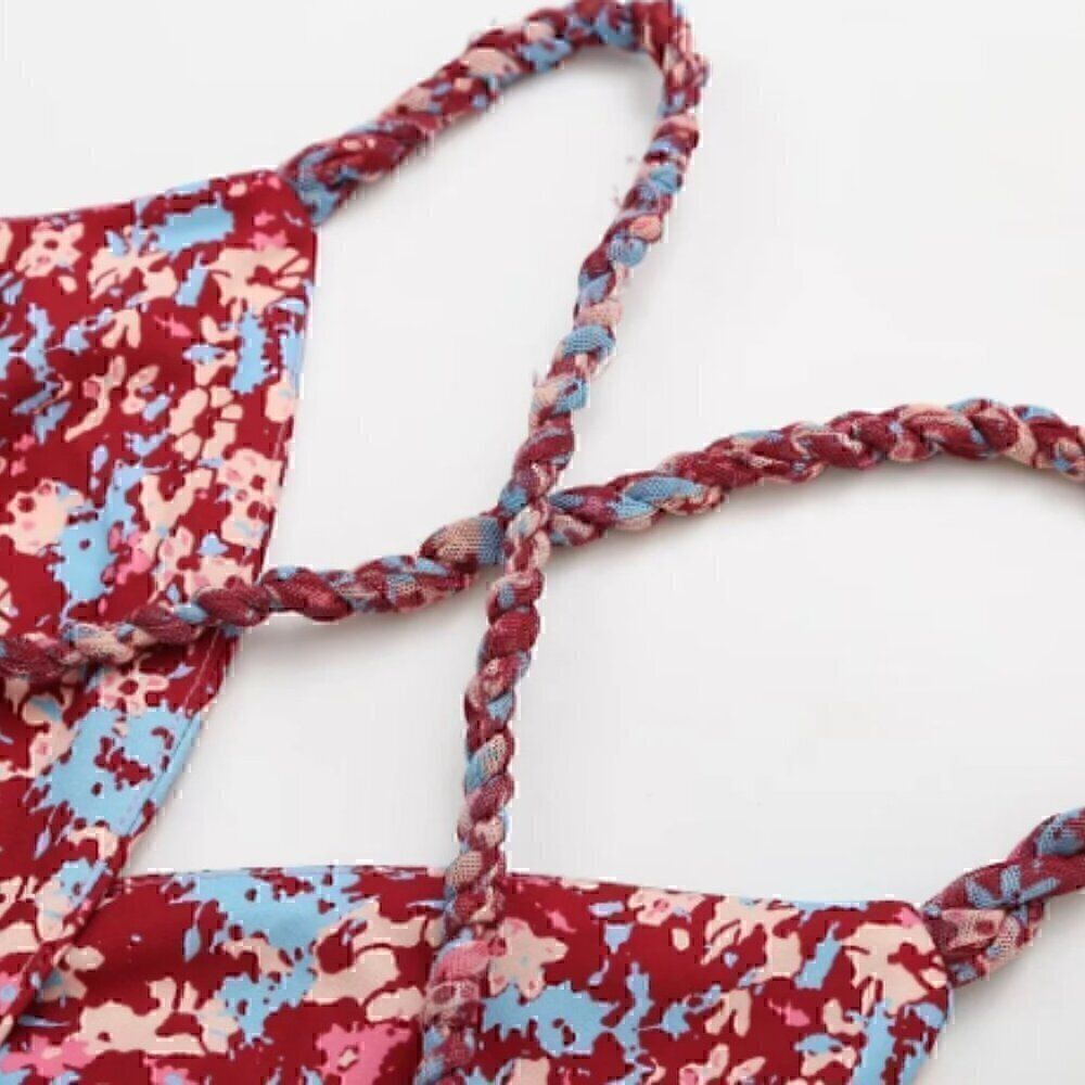 Floral Burgundy Crossback Strap Plunge Tier Ruffle Layer Vintage Maxi Dress L - Picture 8 of 16